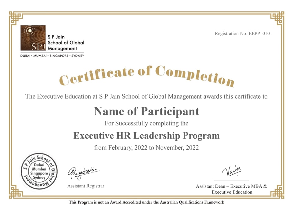Sample Executive HR leadership program certificate